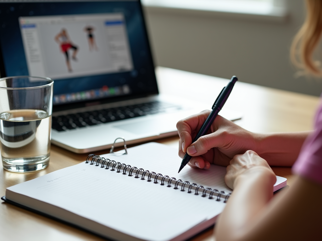 O persoană care scrie într-un jurnal de fitness pe un birou, cu un laptop deschis la o aplicație de fitness și un pahar cu apă alături.