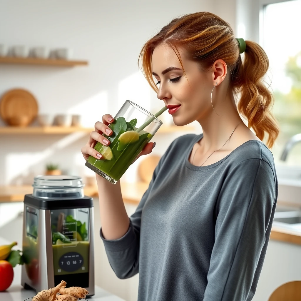 Femeie bând un smoothie verde sănătos în bucătărie
