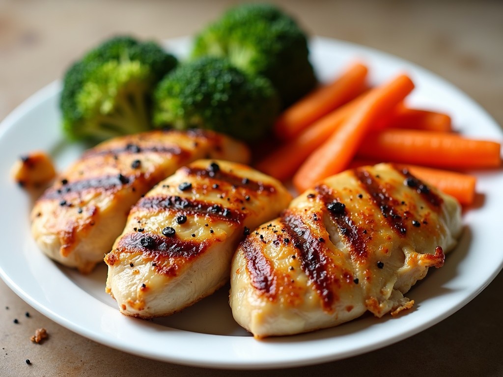 A colorful, appetizing plate full of grilled chicken and assorted veggies. The photo captures the essence of a healthy, protein-rich meal.