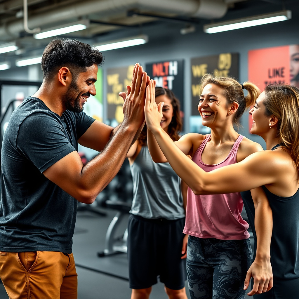 Grup de prieteni motivându-se reciproc după o ședință de fitness