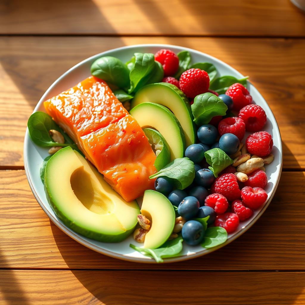 Farfurie plină cu alimente sănătoase, inclusiv somon, avocado, spanac, fructe de pădure și nuci, așezate pe o masă de lemn.