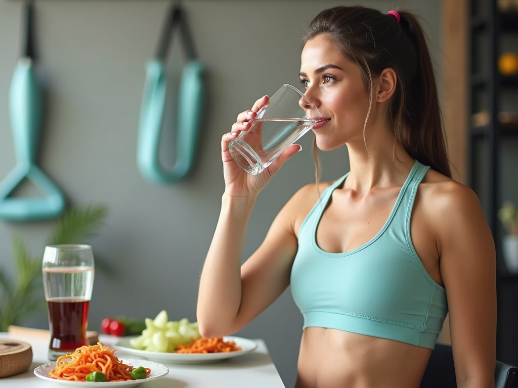 Persoană care bea un pahar de apă, cu un fundal de masă sănătoasă și echipament de exerciții