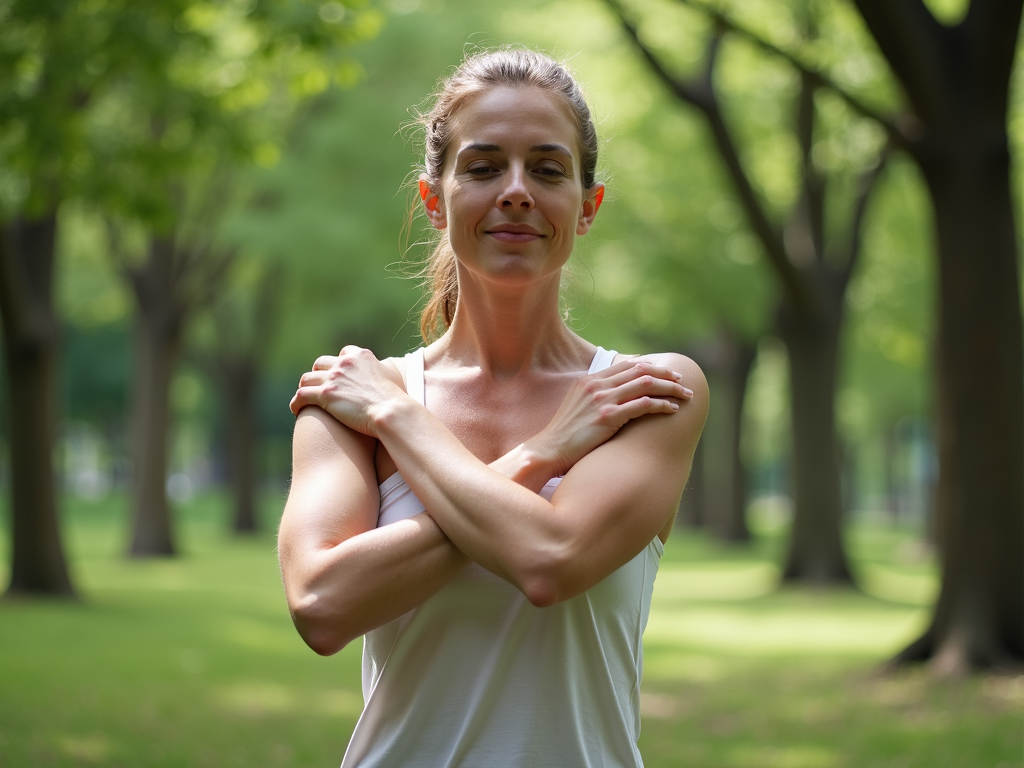 Persoană care își întinde umerii într-un parc