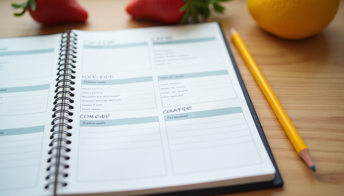 Un jurnal alimentar și un creion, instrumente pentru a monitoriza progresul într-un program de slăbit.
