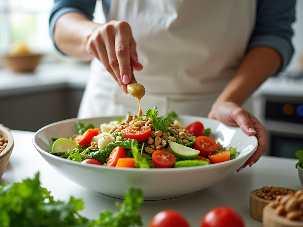 Persoană care pregătește o salată colorată și sănătoasă
