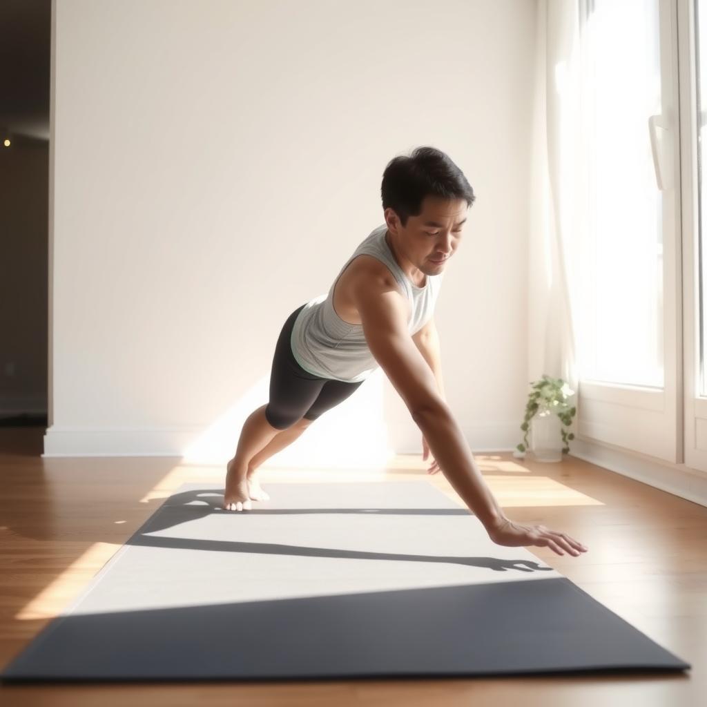 Persoană care execută exercițiul plank pe o saltea de yoga, într-un decor minimalist, cu lumină naturală care pătrunde prin fereastră.
