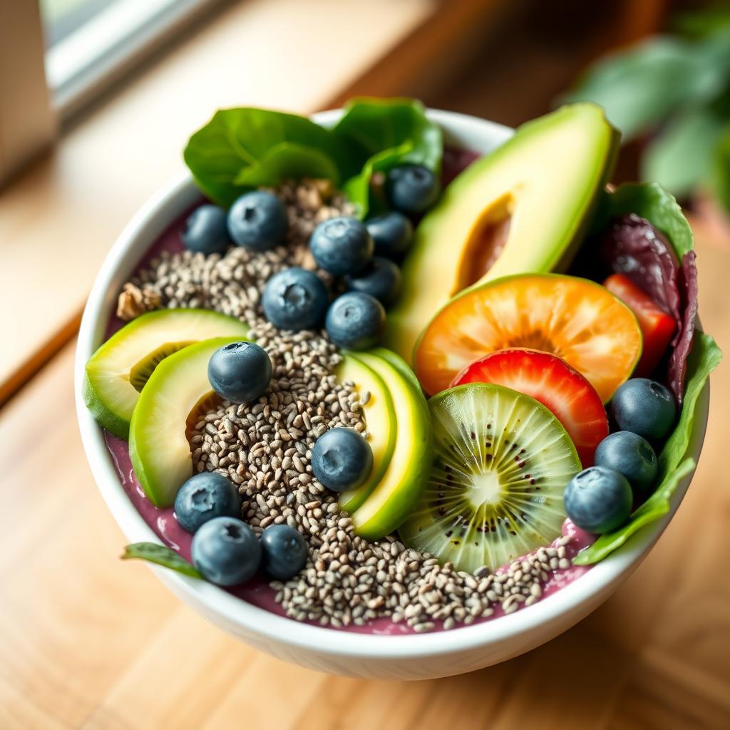 Castron ceramic alb cu un smoothie detoxifiant colorat, plin cu spanac, avocado, afine, semințe de chia și felii de kiwi, așezat pe o masă din lemn, cu lumină naturală pe fundal.