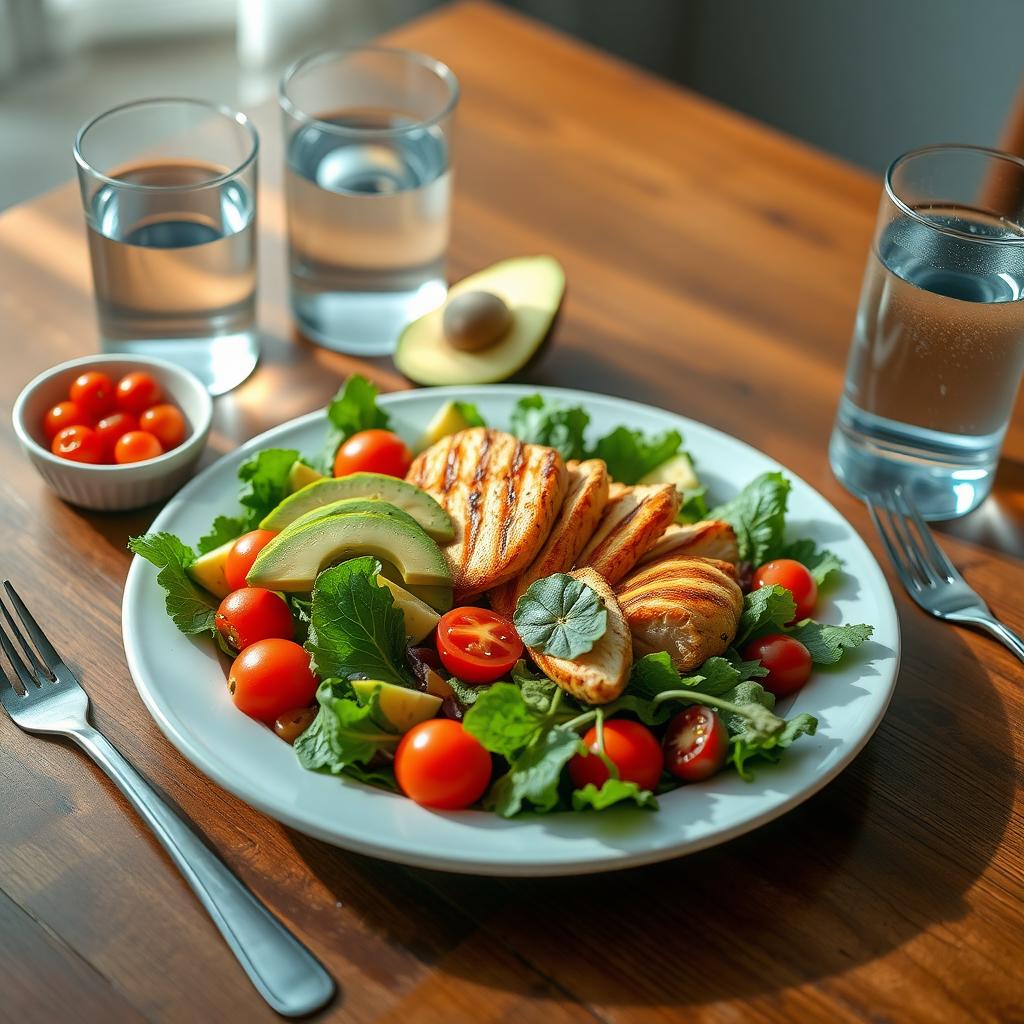 Masă sănătoasă cu o salată colorată, pui la grătar, avocado și fructe de pădure, pe o masă de lemn.