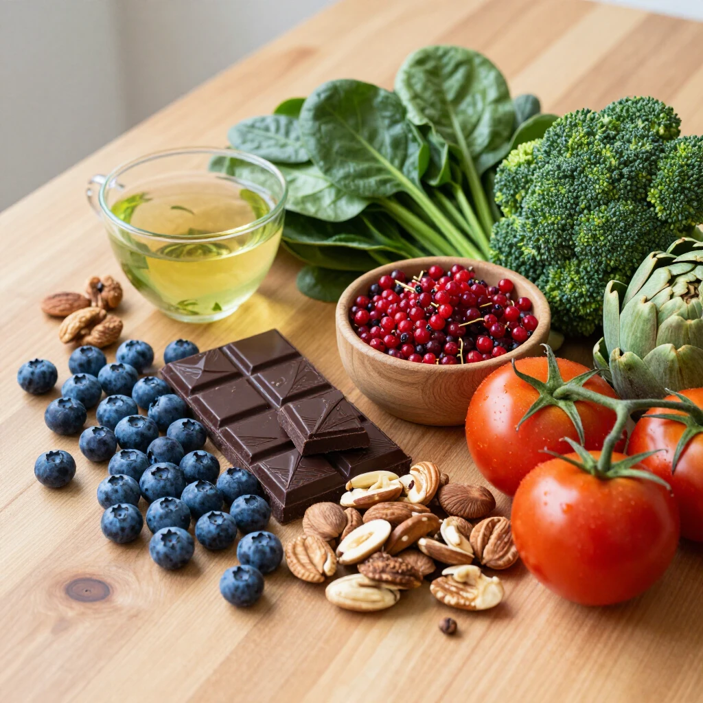 Masă plină cu alimente colorate bogate în antioxidanți: afine, ciocolată neagră, spanac, broccoli, fructe de pădure, nuci, ceai verde, roșii și anghinare