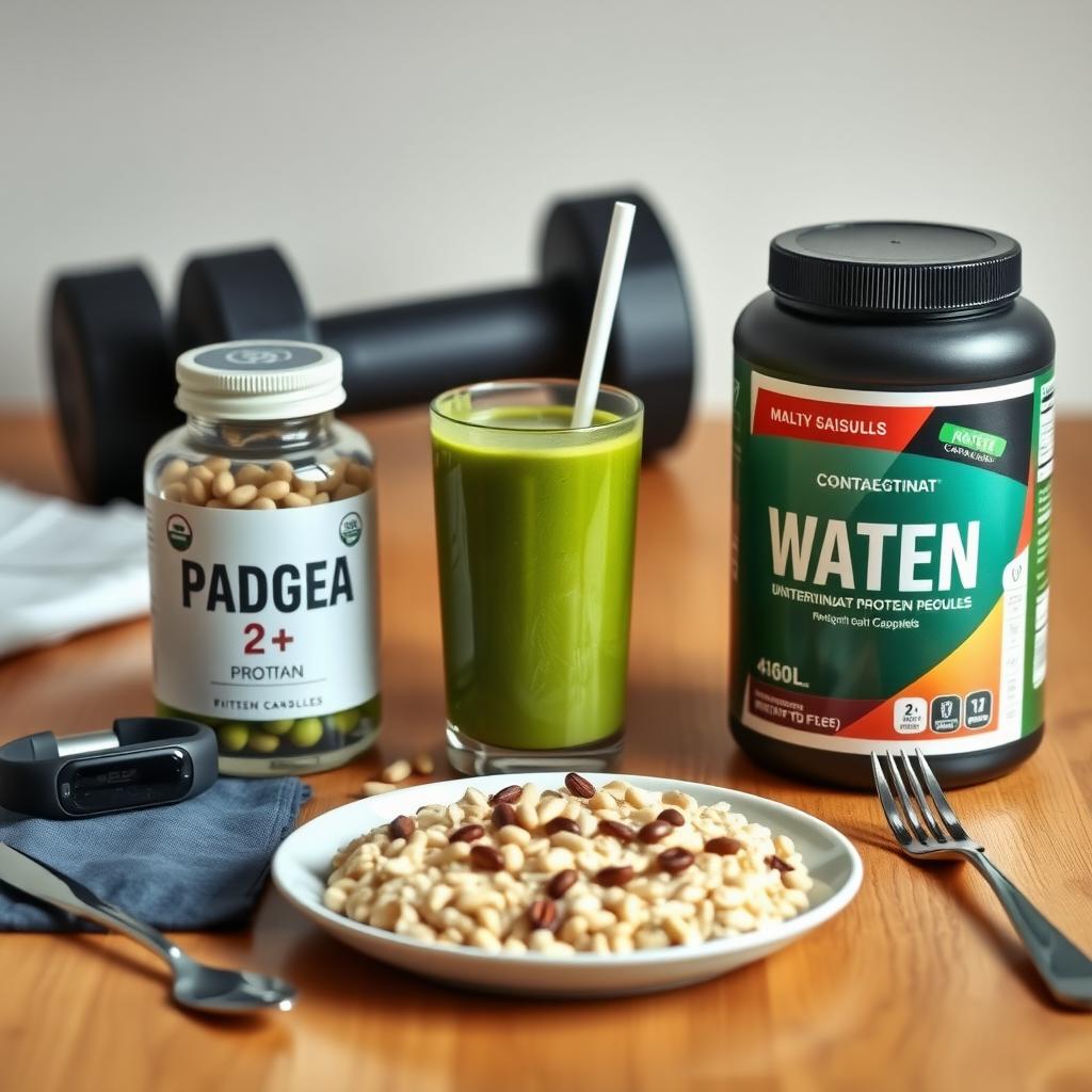 Masă sănătoasă de mic dejun cu fulgi de ovăz, un smoothie verde, capsule de omega-3 și un recipient cu pudră de proteine, cu un tracker de fitness și gantere pe fundal.