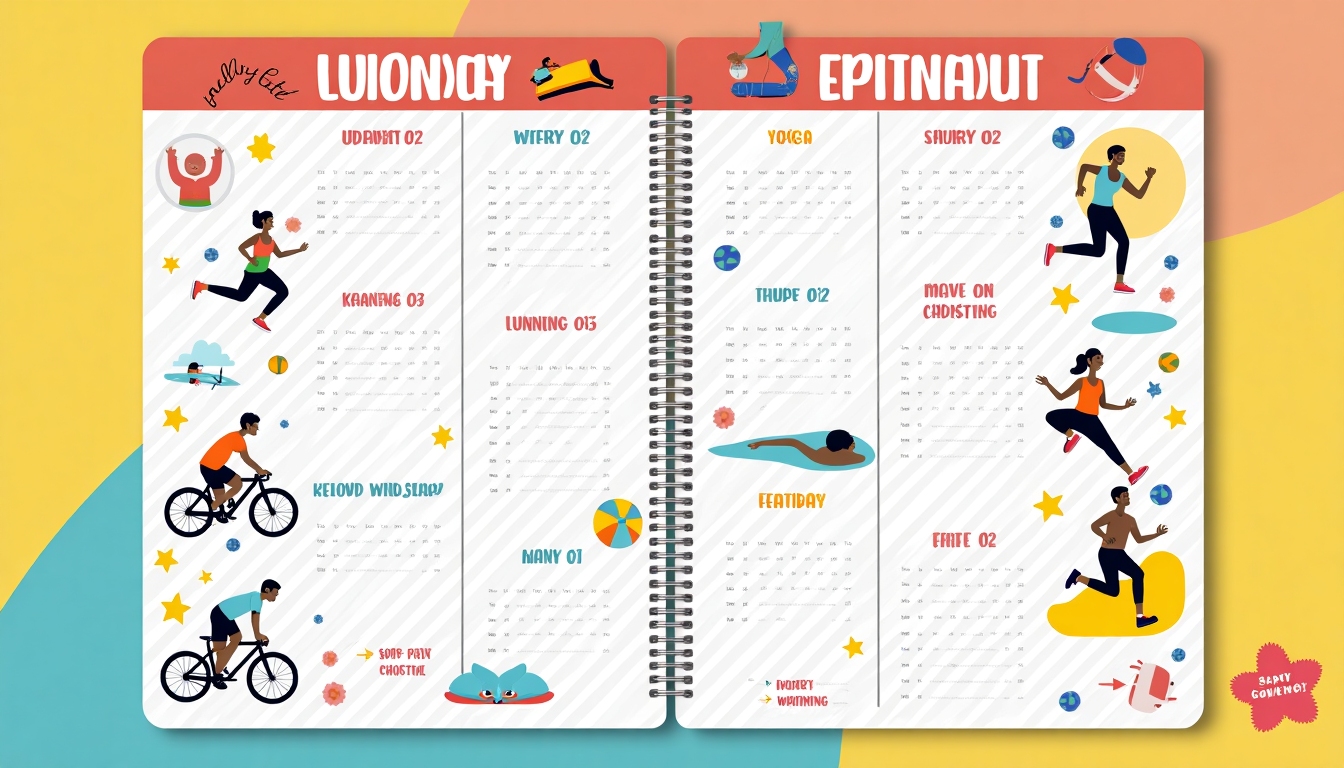 Agenda de planificare a unui program de exerciții, incluzând diverse activități fizice.