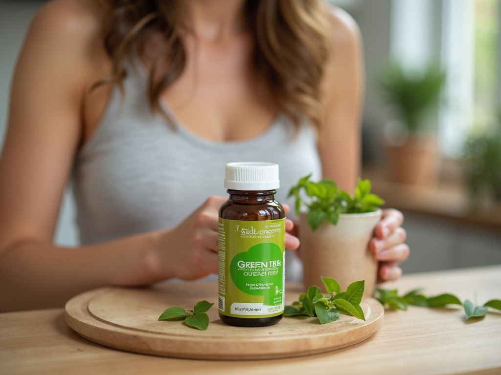 Persoană care ia un supliment natural pentru accelerarea metabolismului, cu o sticlă de extract de ceai verde pe masă