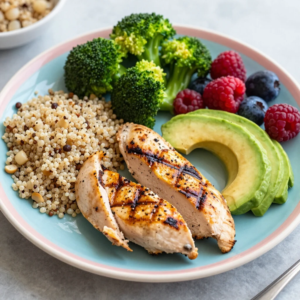 O farfurie colorată cu porții echilibrate: pui la grătar, quinoa, broccoli, avocado și fructe de pădure