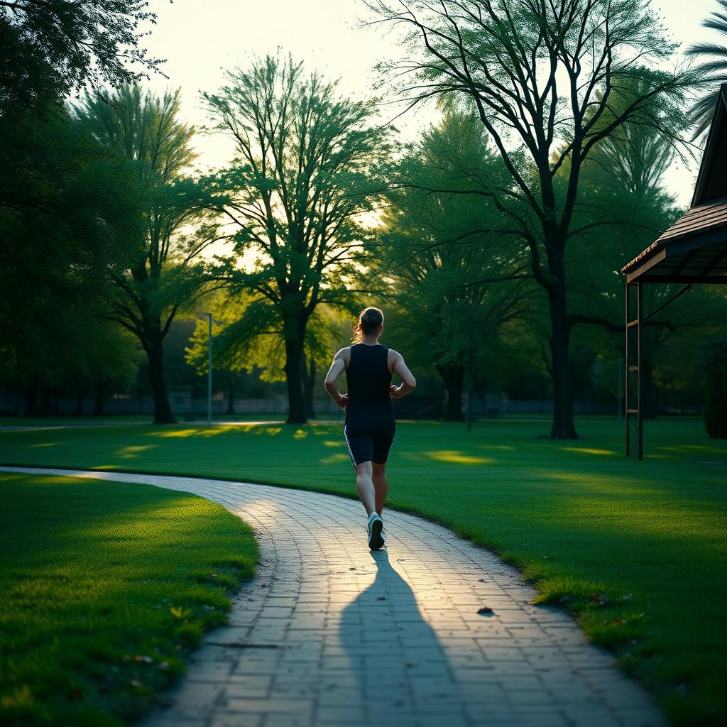 Persoană care aleargă dimineața într-un parc verde, cu lumina soarelui filtrându-se prin copaci și un cer albastru clar.
