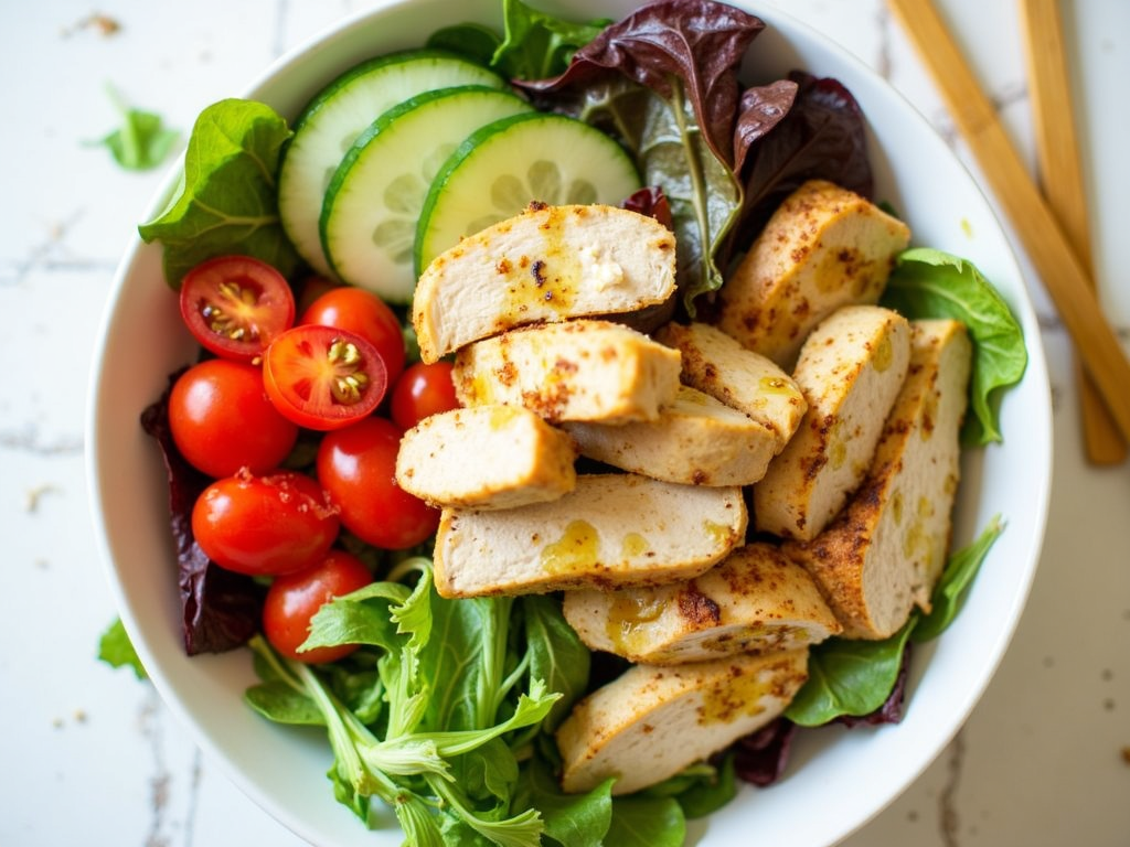 Bol de salată colorată cu verdețuri mixte, roșii cherry, felii de castravete și pui la grătar, stropit cu un dressing ușor de vinaigrette.