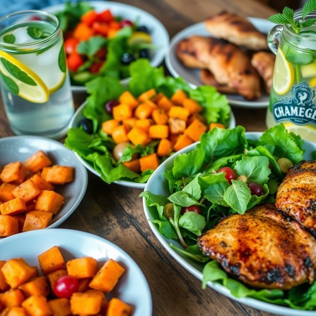O masă sănătoasă de familie, cu salată verde, cartofi dulci copți, pui la grătar și apă infuzată cu lămâie și mentă, aranjată pe o masă rustică din lemn.