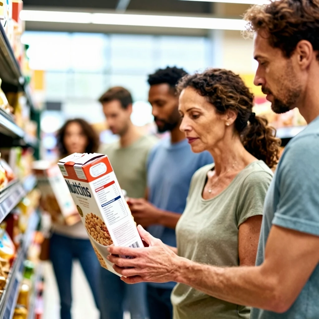 O femeie citind cu atenție eticheta nutrițională a unei cutii de cereale în supermarket