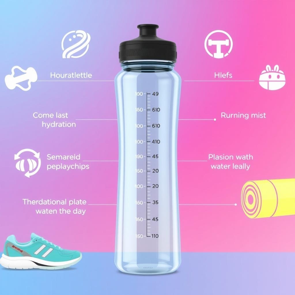 O infografică colorată care arată o sticlă de apă cu marcaje pentru obiectivele de hidratare zilnică, înconjurată de pictograme cu echipamente sportive, cum ar fi un pantof de alergare, o ganteră și un covoraș de yoga.