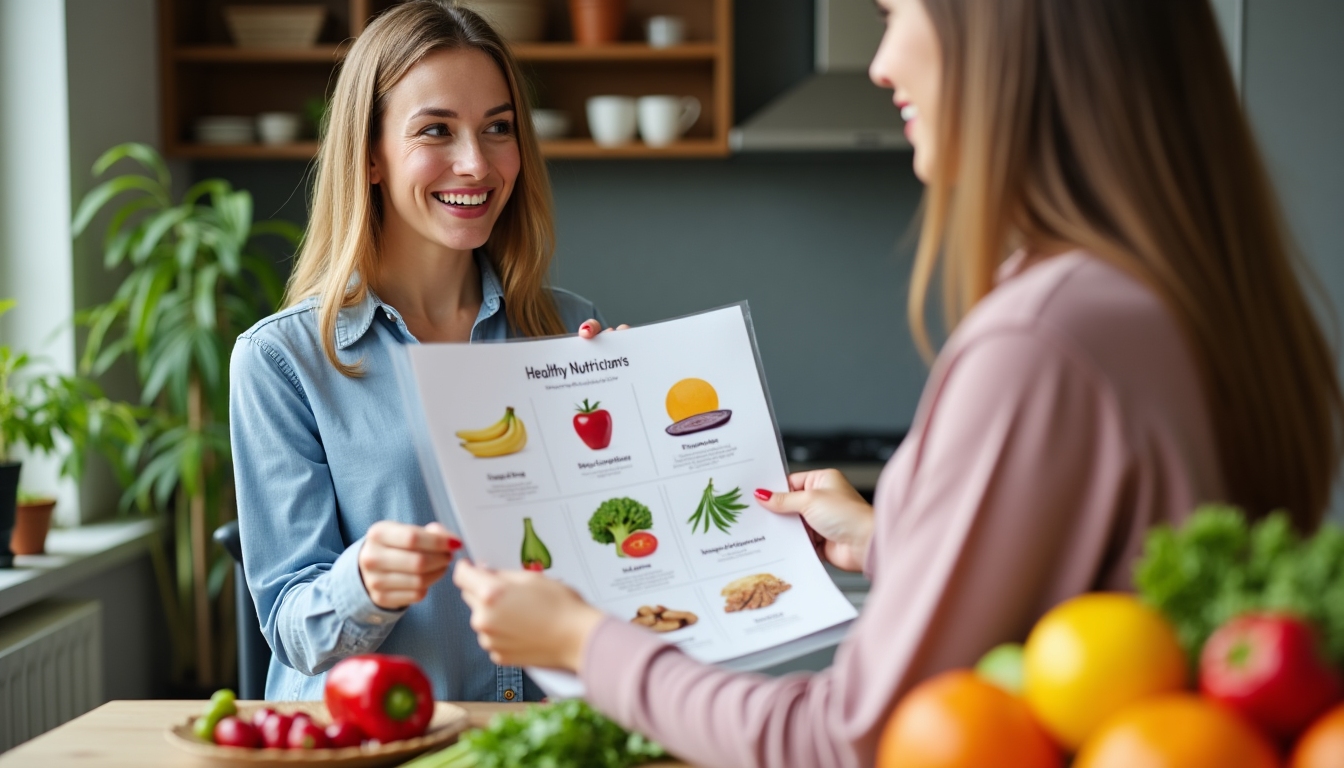 Nutriționist vesel arătând unui client un tabel colorat cu alimente sănătoase, cu fructe și legume proaspete pe masă