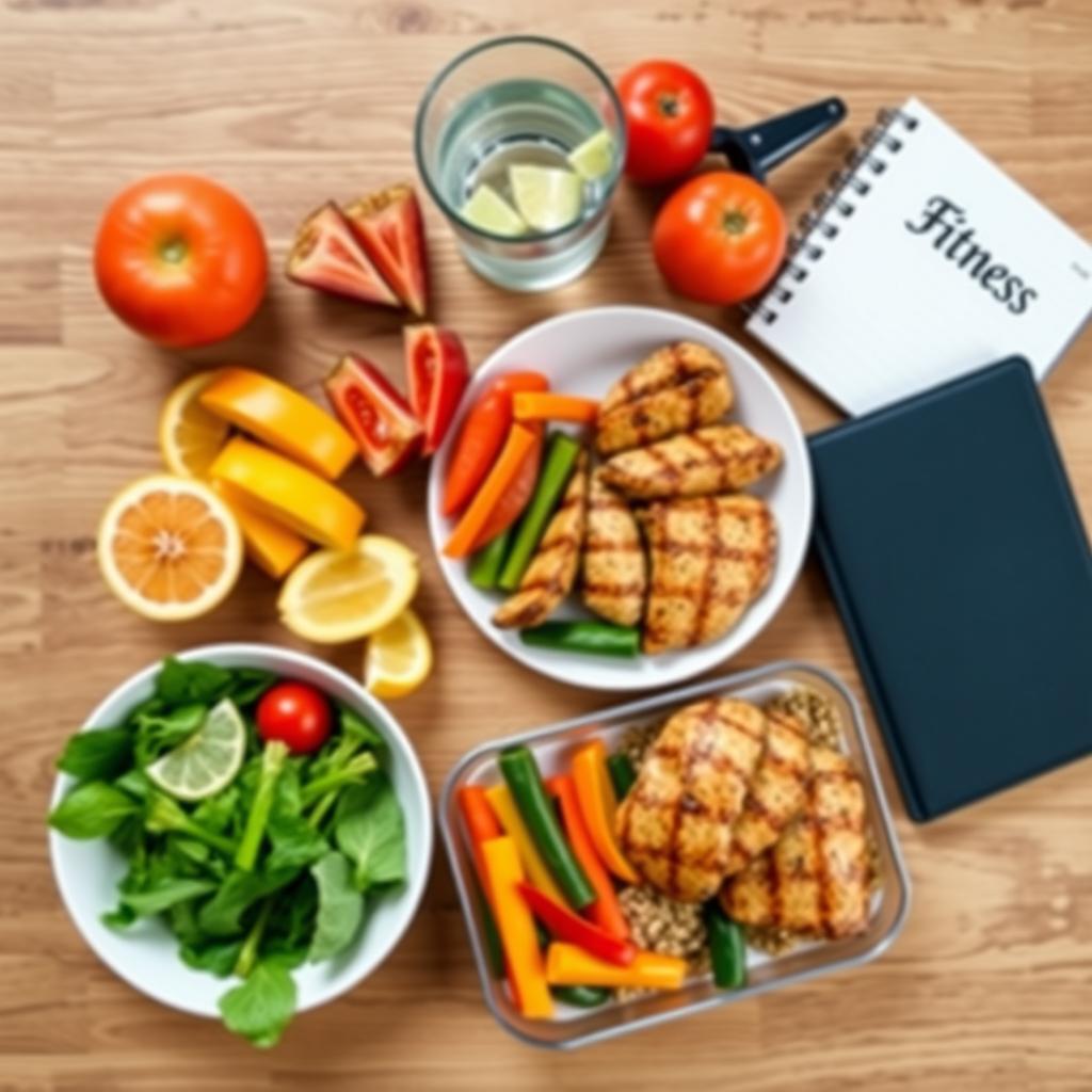 O masă sănătoasă pregătită, cu un pahar de apă, fructe tăiate, pui la grătar și legume colorate, aranjate pe o masă de lemn, cu un jurnal de fitness în apropiere.