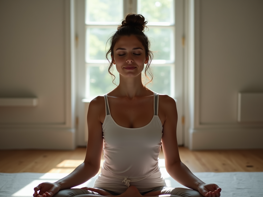 Persoană meditând într-o cameră liniștită.