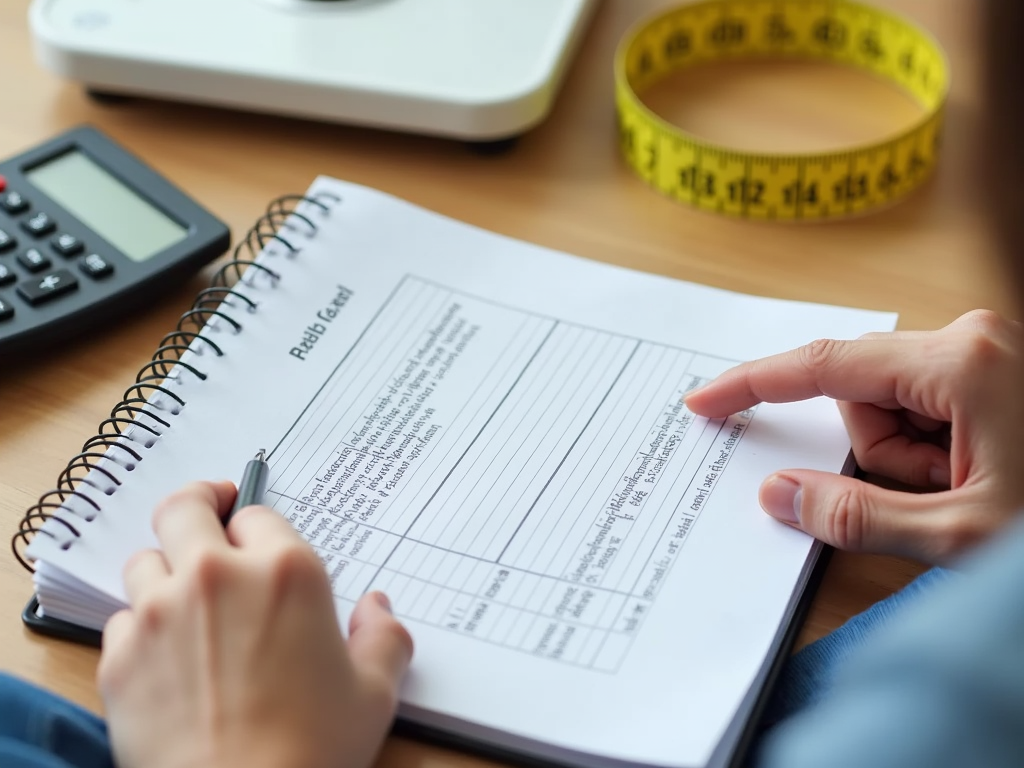 O persoană care calculează necesarul caloric zilnic cu un calculator și un caiet