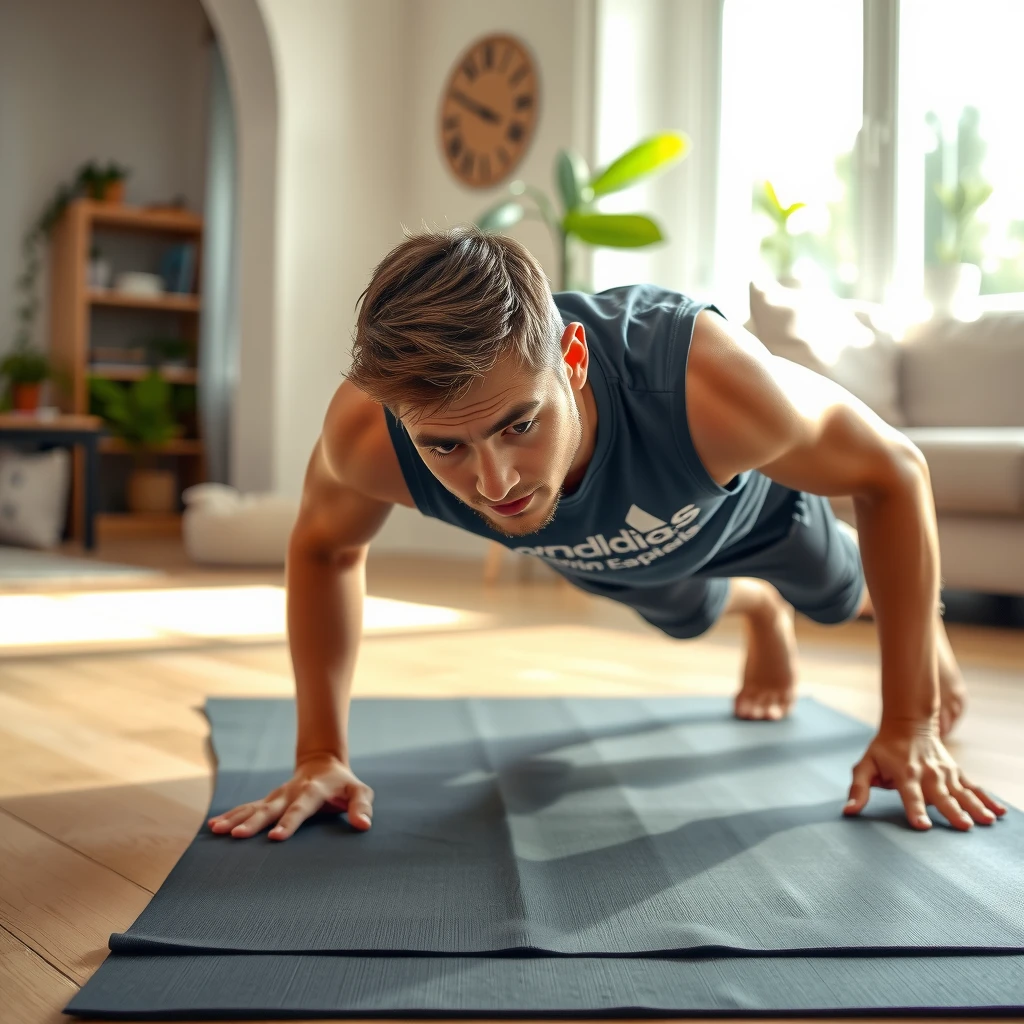 Persoană tânără executând exercițiul plank în living luminos acasă