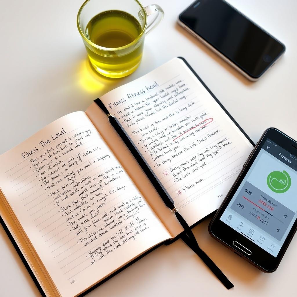 Un jurnal de fitness deschis pe o pagină cu notițe despre antrenamente și mese, lângă o ceașcă de ceai verde și un smartphone care afișează o aplicație de fitness.
