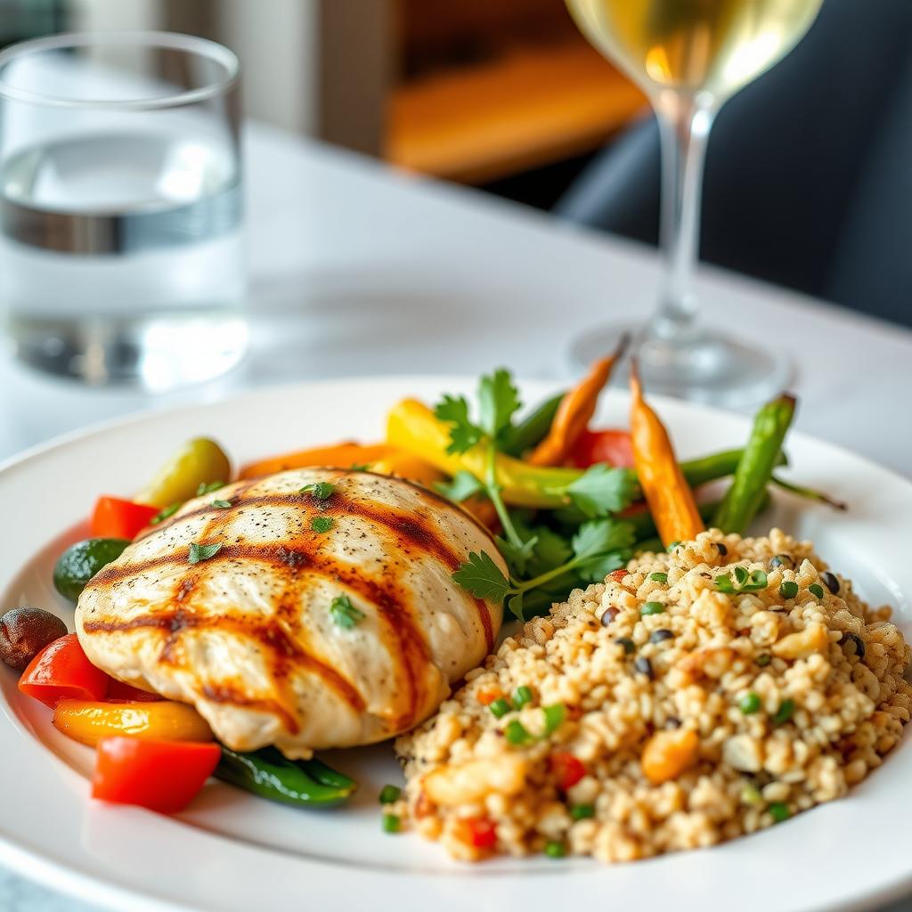 Farfurie sănătoasă cu piept de pui la grătar, legume coapte și quinoa, garnisită cu ierburi proaspete pe o masă modernă.