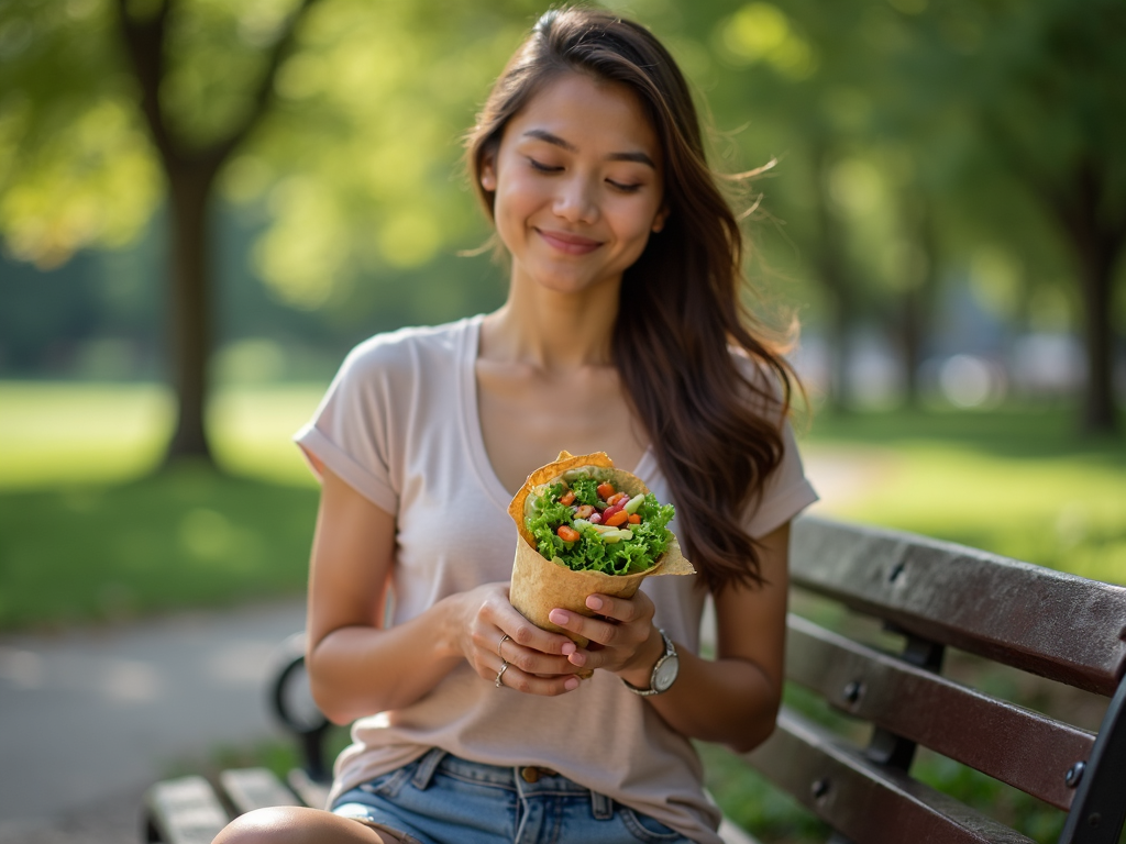 Persoană mâncând atent un wrap cu legume proaspete pe o bancă în parc
