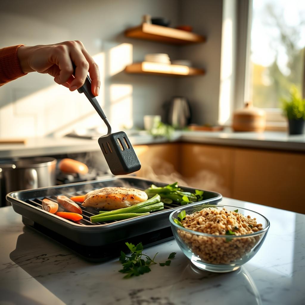 Persoană care pregătește o masă sănătoasă într-o bucătărie modernă, cu piept de pui la grătar, legume la abur și un bol cu quinoa și ierburi proaspete pe blat.