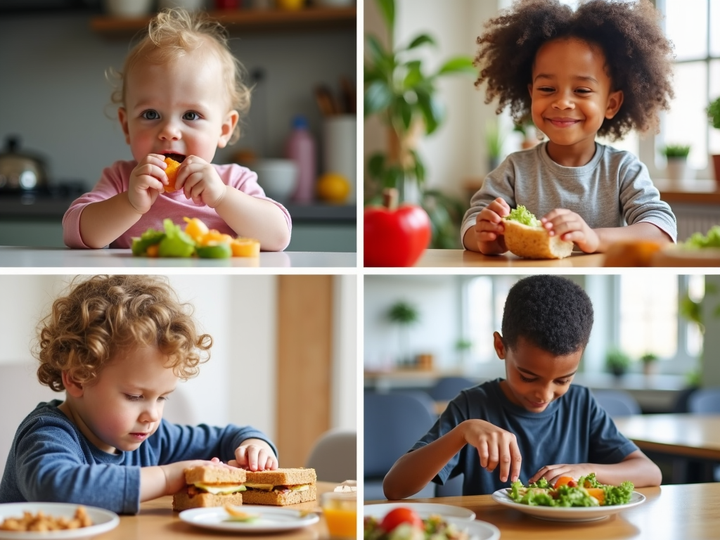 Copii de diferite vârste implicându-se în activități de alimentație sănătoasă.