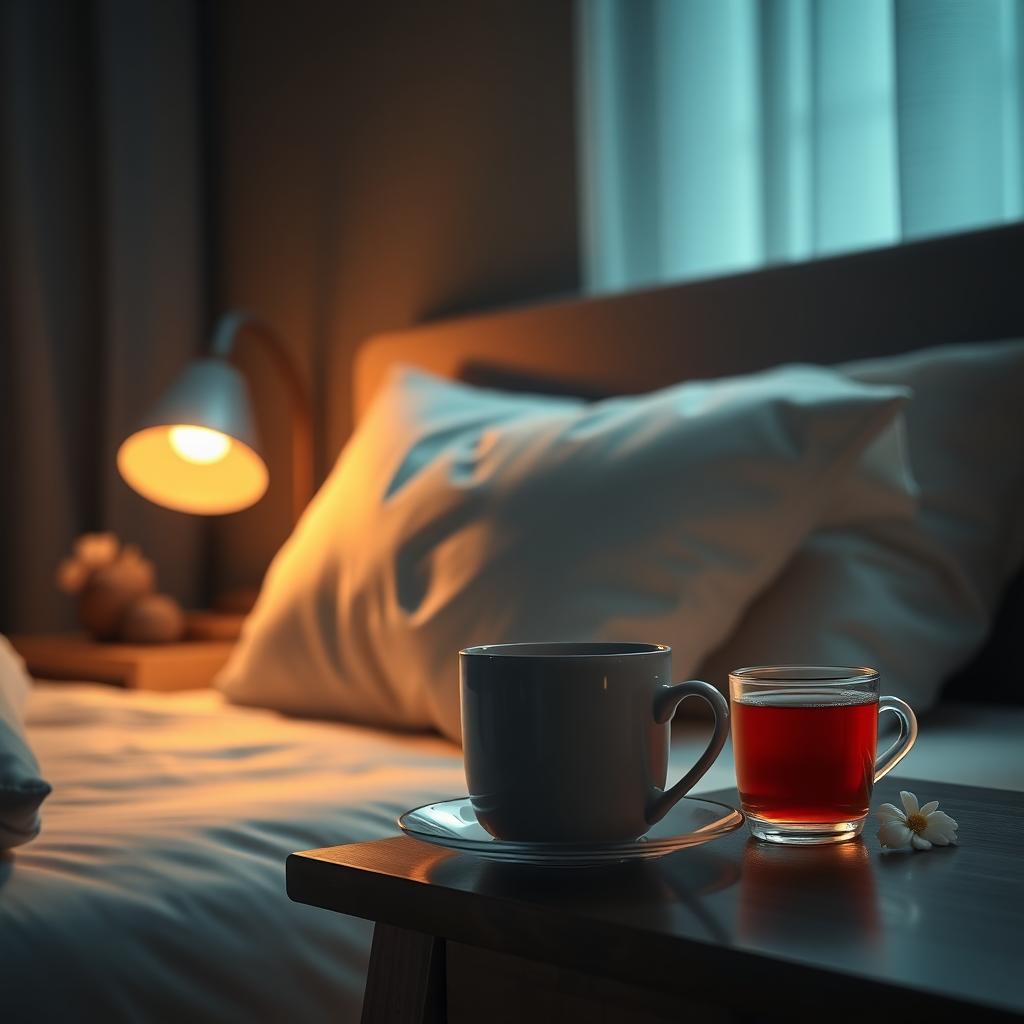 Dormitor confortabil noaptea, cu un pat aranjat, perne moi, o lampă de noptieră cu lumină caldă și o ceașcă de ceai de mușețel pe noptieră.