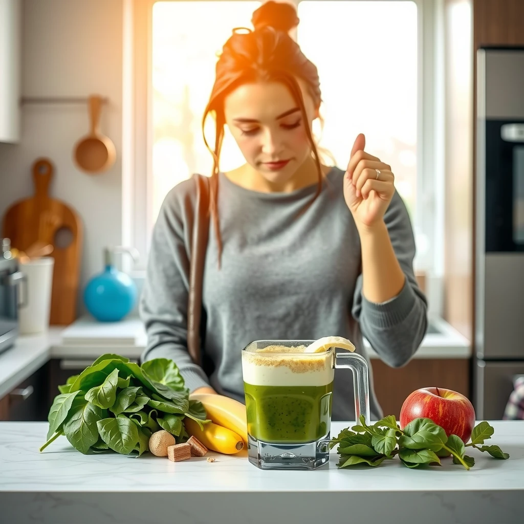 O persoană pregătind un smoothie sănătos cu fructe, spanac și iaurt într-o bucătărie modernă