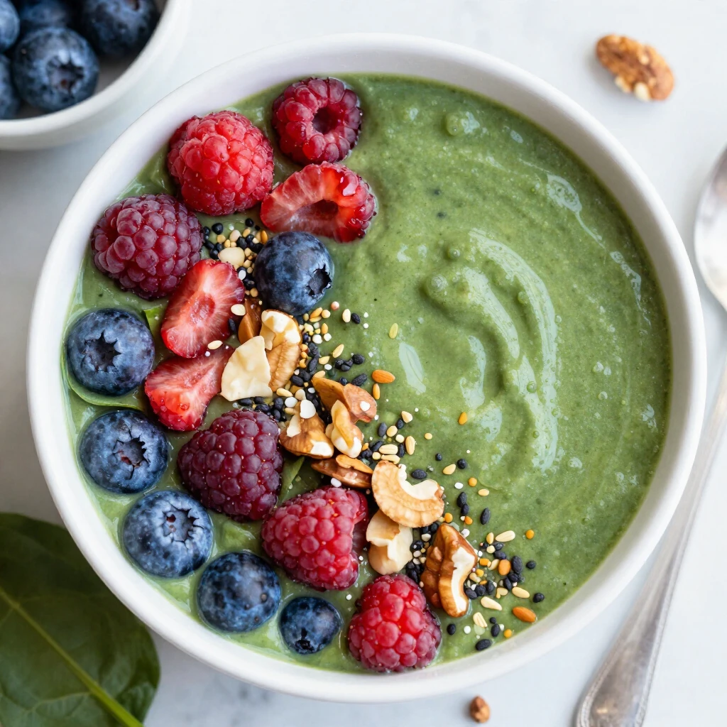 Bol de smoothie colorat, văzut de sus, decorat cu fructe de pădure, spanac, nuci și semințe, apetisant și vibrant