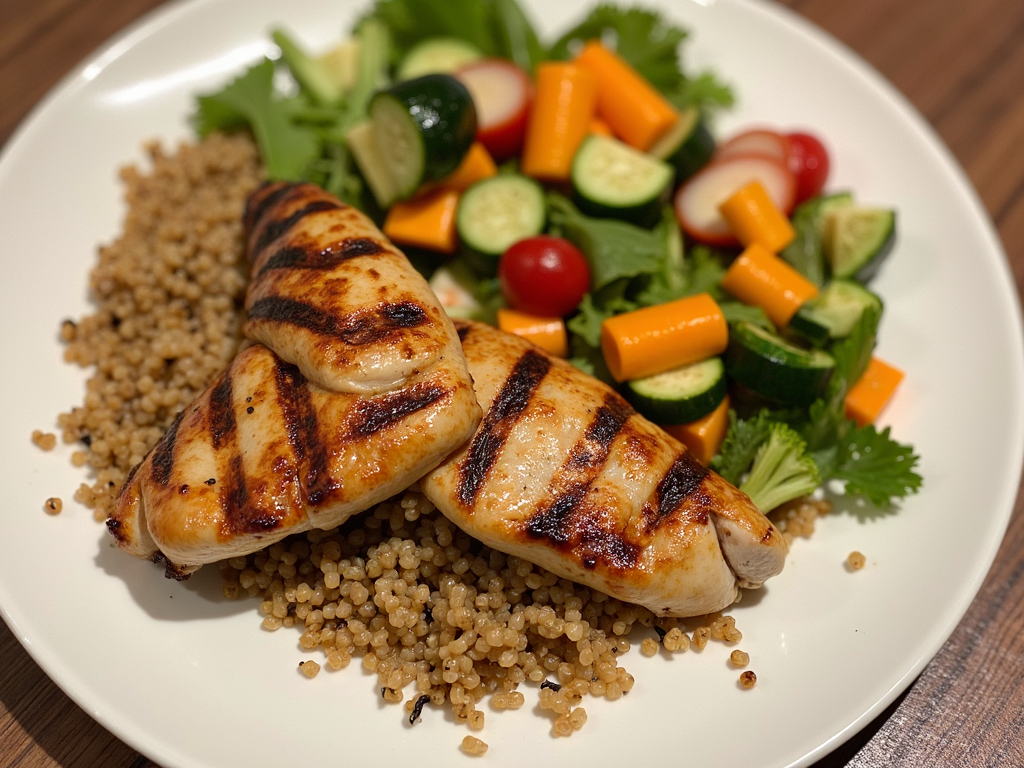 O farfurie sănătoasă cu pui la grătar, quinoa și legume variate.