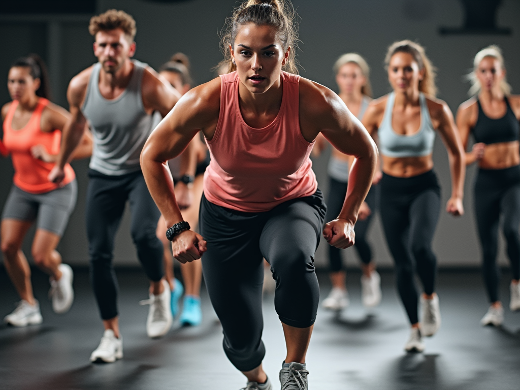 Grup de persoane care participă la o clasă HIIT, executând burpees