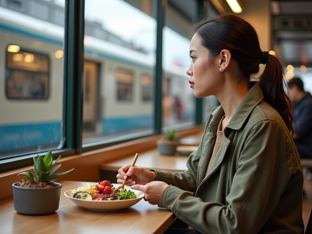 O persoană stând la o masă de cafenea într-o gară, savurând o gustare sănătoasă precum o salată sau un bol cu fructe, cu un tren vizibil în fundal.