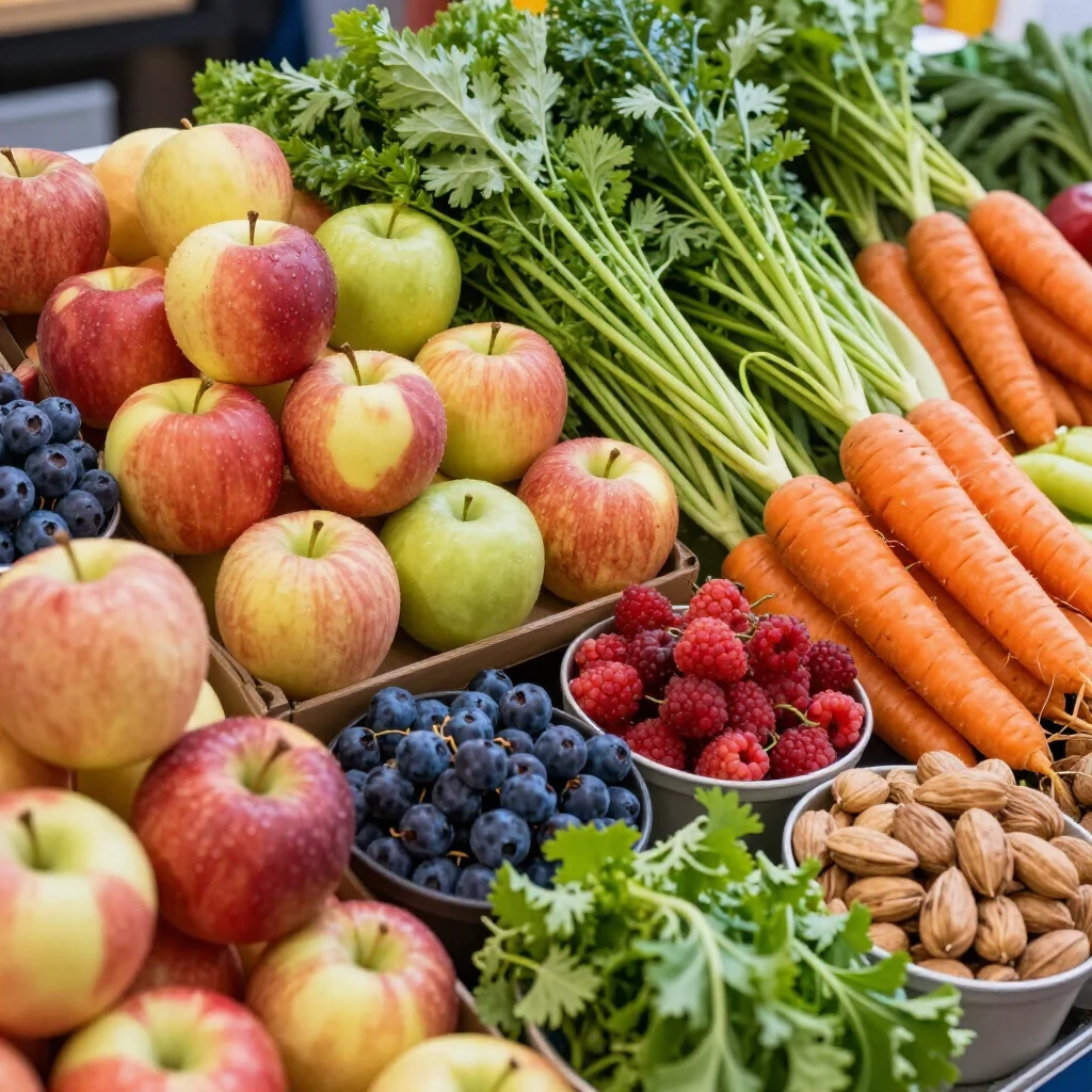 Stand de piață cu o varietate de fructe și legume proaspete: mere, afine, verdețuri, morcovi și nuci aranjate atractiv