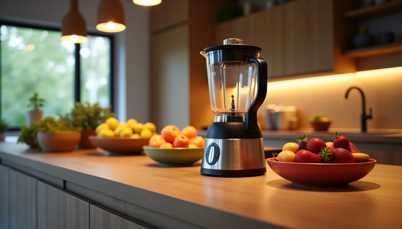 Boluri cu fructe proaspete și un blender pe o masă din lemn.