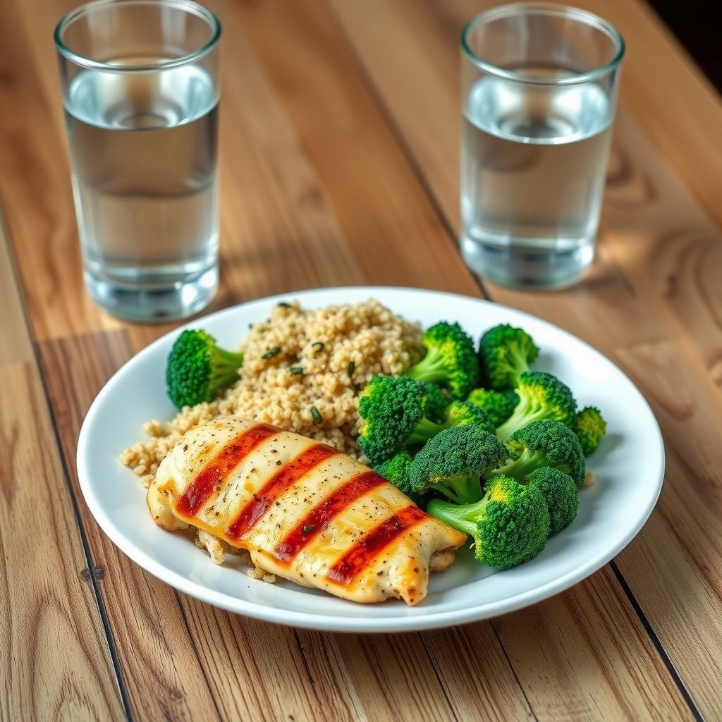 Masă sănătoasă post-antrenament cu pui la grătar, quinoa, broccoli fiert și un pahar cu apă, aranjată pe o farfurie albă.