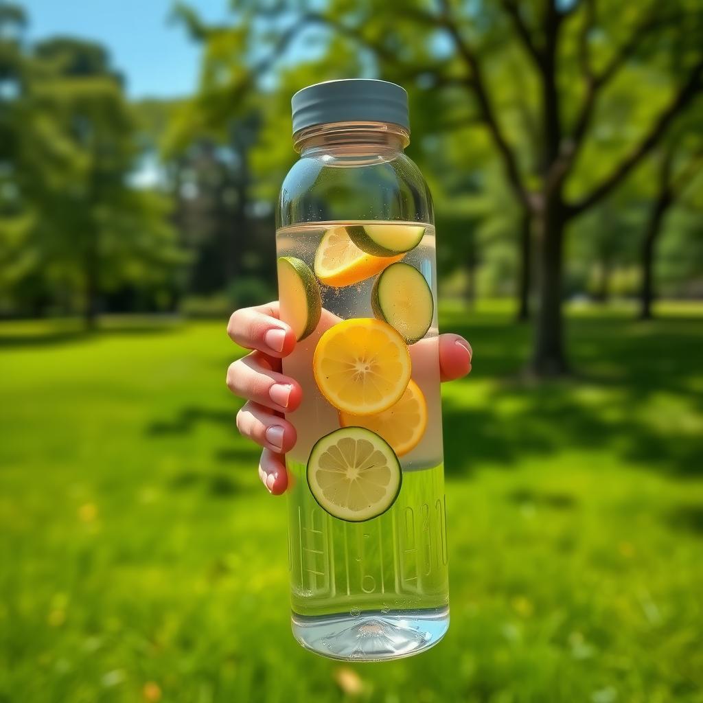 Persoană care ține o sticlă reutilizabilă cu apă, lămâie și felii de castravete, într-un parc însorit cu iarbă verde.