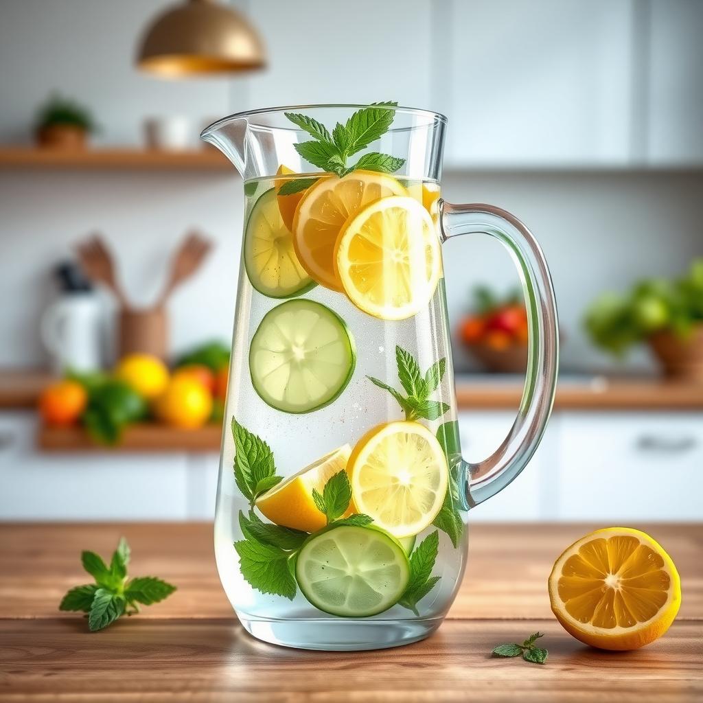 Cana de sticlă cu apă infuzată cu lămâie, castravete și mentă pe o masă de lemn într-o bucătărie luminoasă.