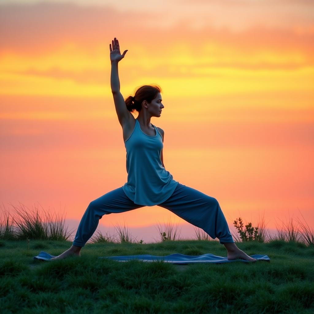 Persoană care practică yoga în poziția războinicului pe un deal înierbat, la răsărit, cu un cer portocaliu și roz.