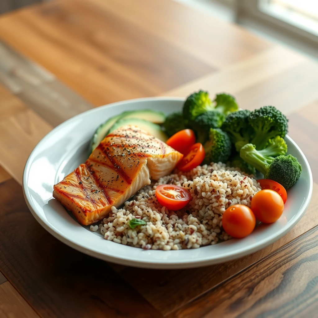 Farfurie cu masă sănătoasă și echilibrată: somon la grătar, legume și quinoa