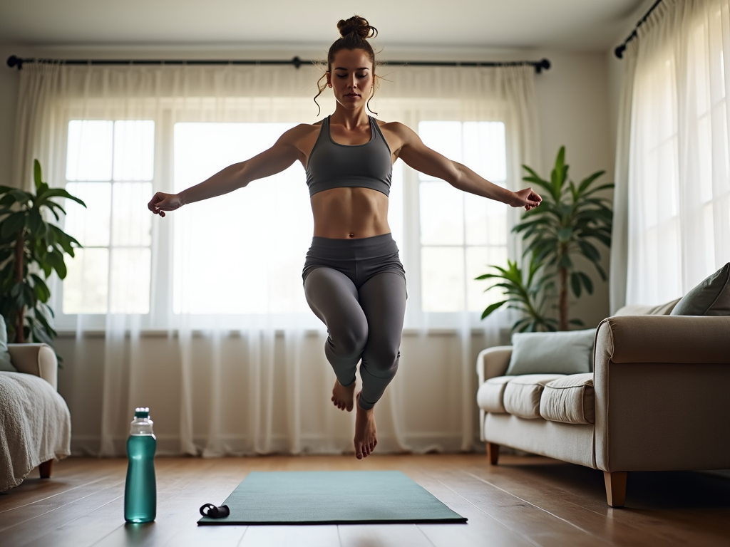 O persoană care face sărituri cu brațele și picioarele depărtate într-un living, cu o saltea de yoga pe podea și o sticlă de apă în apropiere.