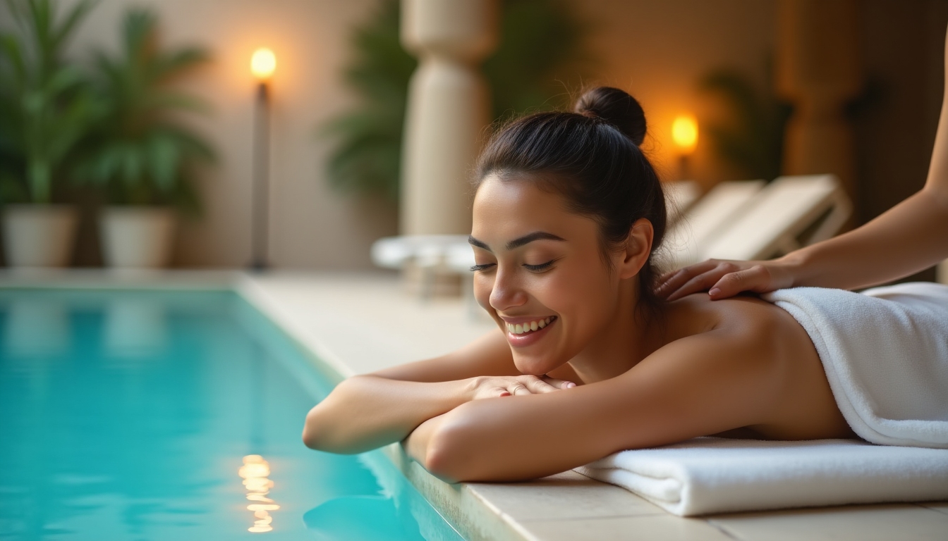 Persoană care se bucură de o zi relaxantă la spa, cu un mediu senin, poate primind un masaj sau relaxându-se lângă o piscină.