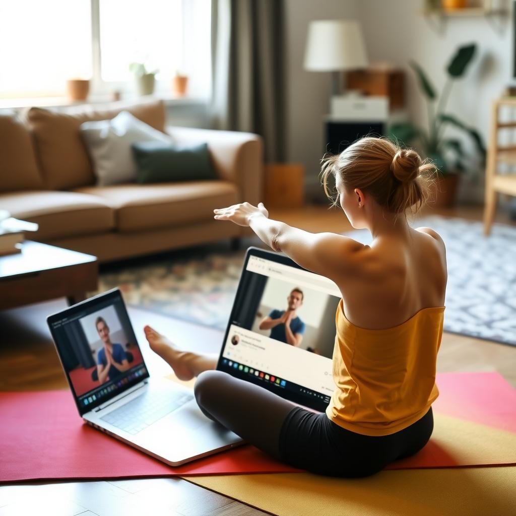 Persoană care practică yoga pentru începători pe o saltea colorată într-un living luminat natural.