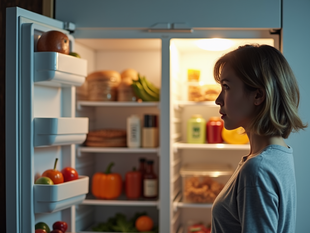 Persoană frustrată în fața frigiderului deschis, înconjurată de opțiuni alimentare nesănătoase