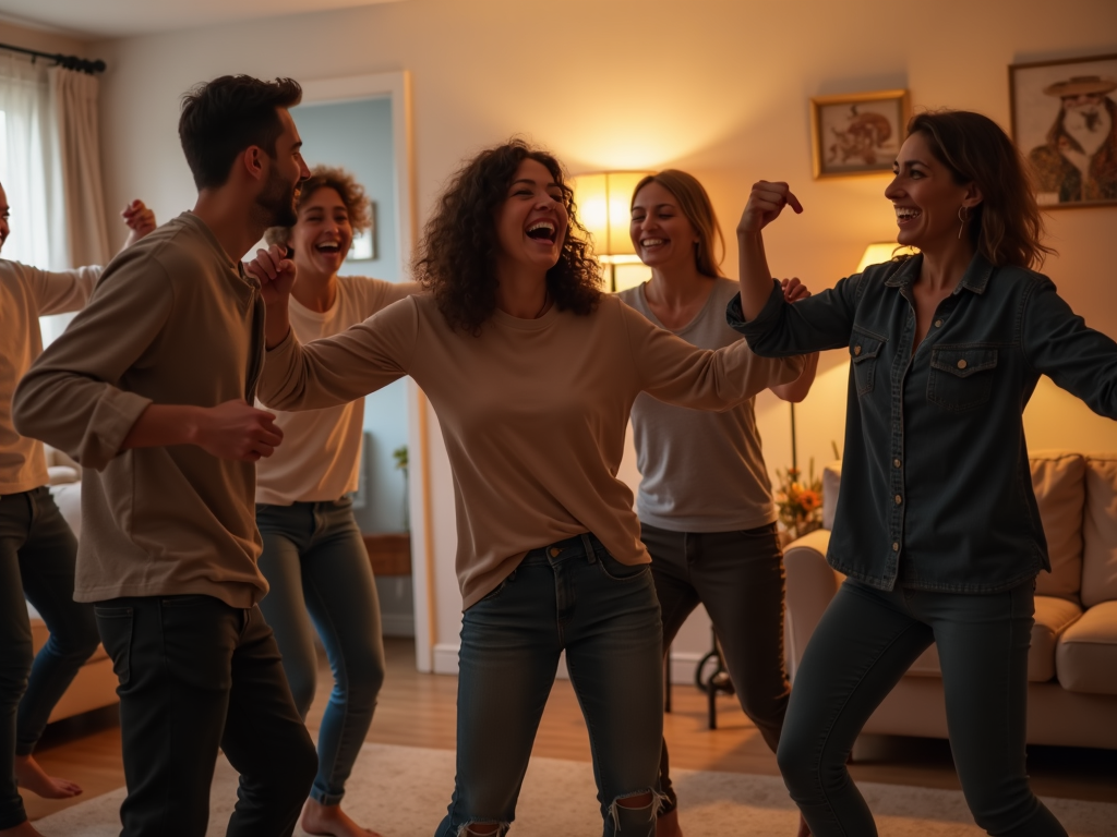 Un grup de oameni dansând împreună în sufragerie, râzând și distrându-se.